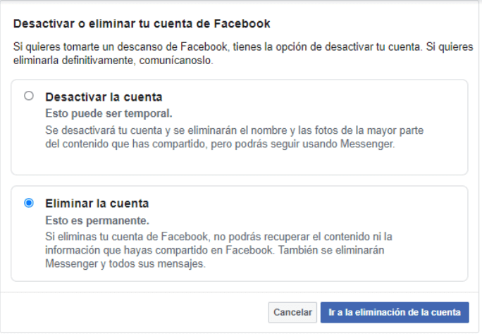 proceder a eliminar tu cuenta Facebook