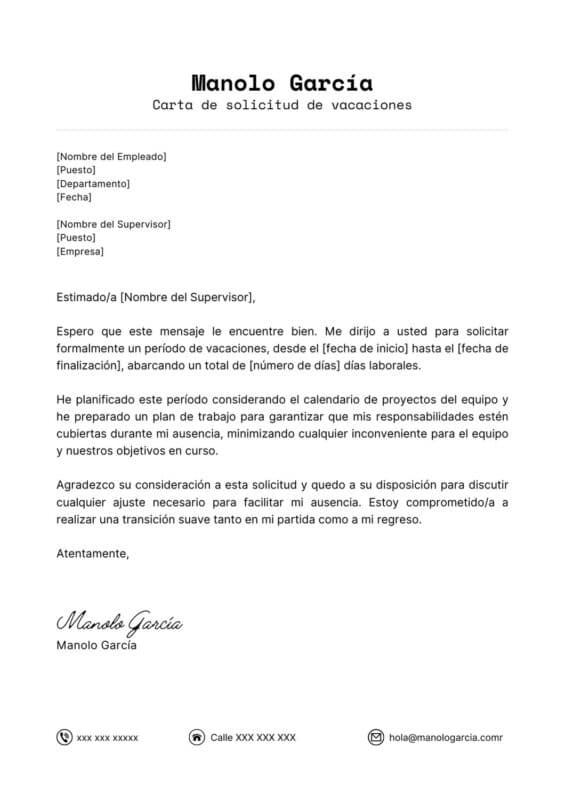Carta de solicitud de vacaciones