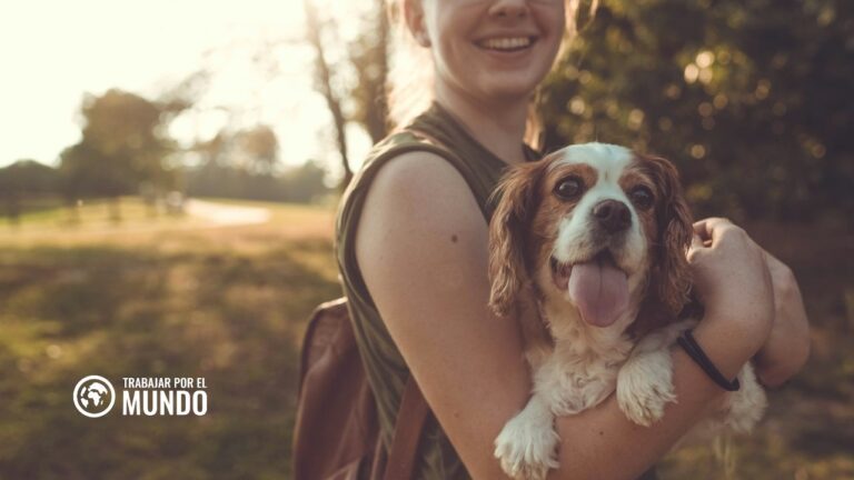 Voluntaria con un perro en brazos en el campo